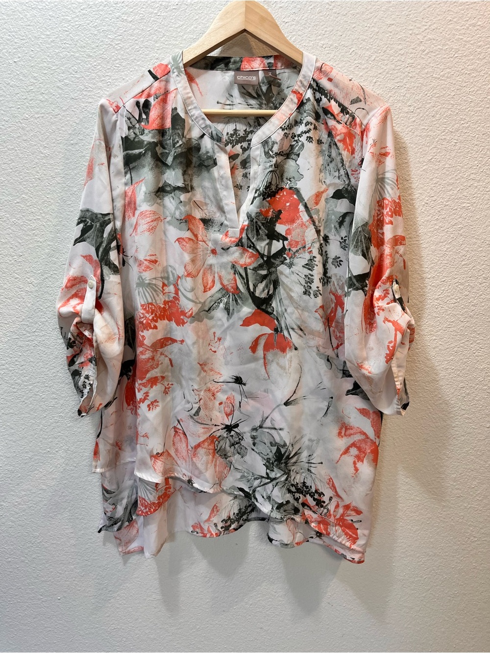 Chico's Coral and Gray Floral Tunic Blouse